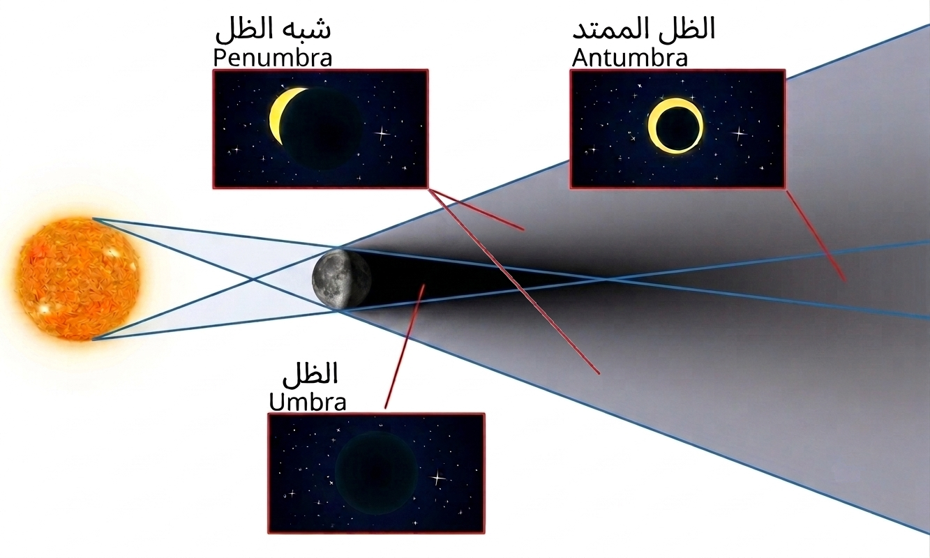 مخطط الظل التام وشبه الظل والظل الممتد خلف القمر
